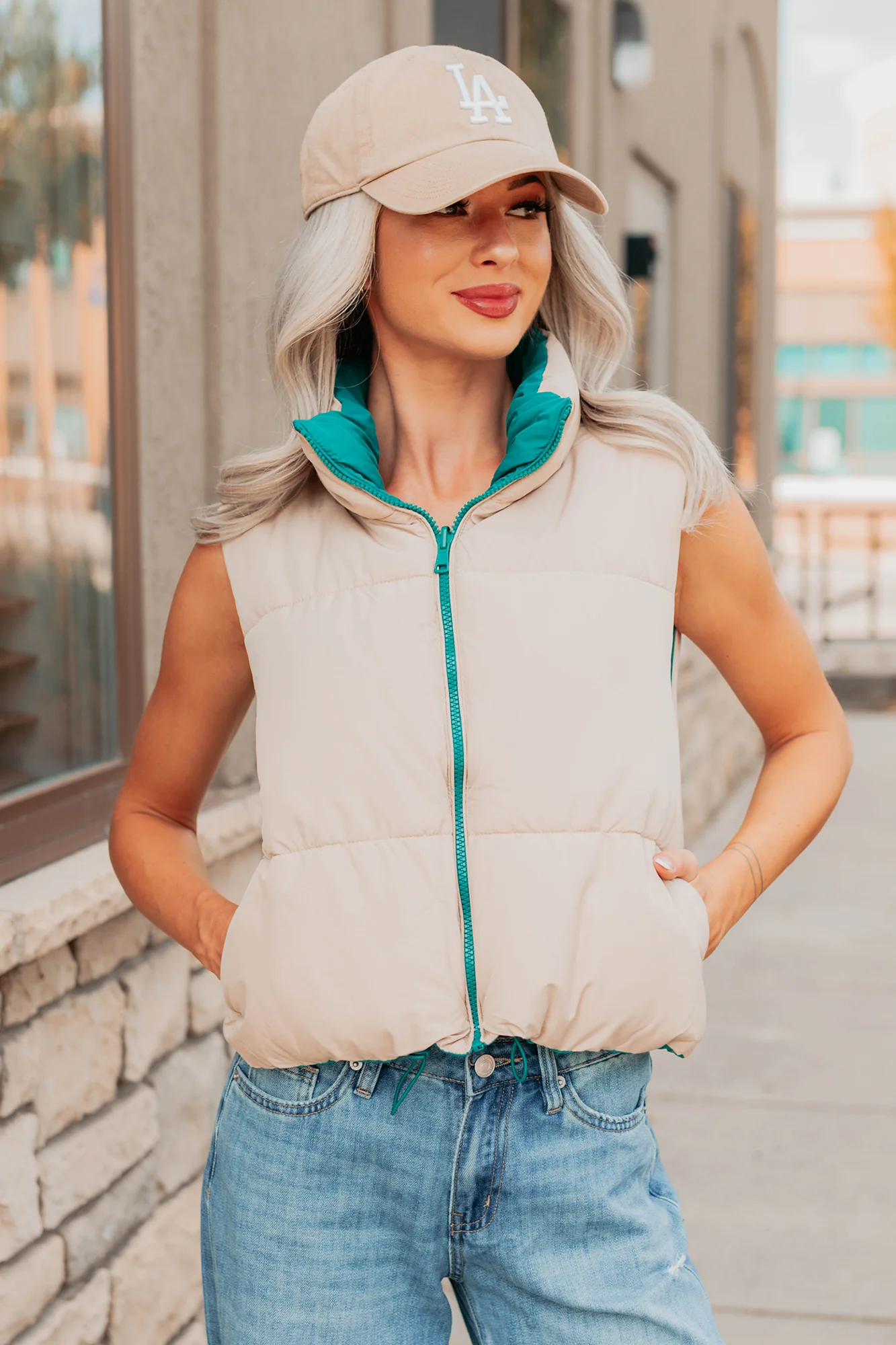On The Reverse Side Reversible Puffer Vest (Green/Beige) - Image 4