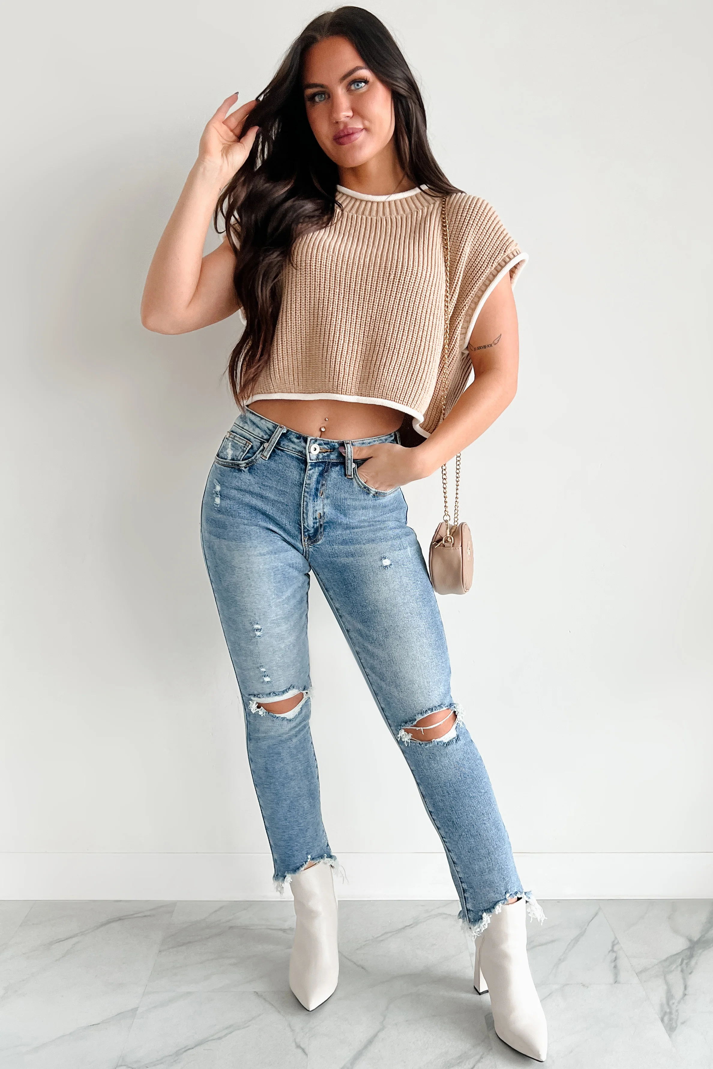 Savoring The Present Contrast Trim Crop Sweater (Tan) - Image 5