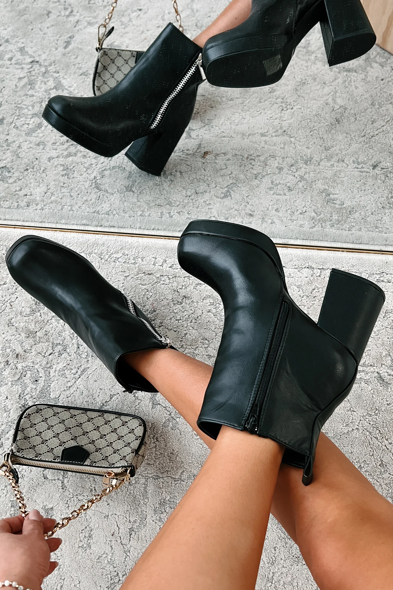 Straight Facts Zipper Detail Platform Booties (Black) - Image 6